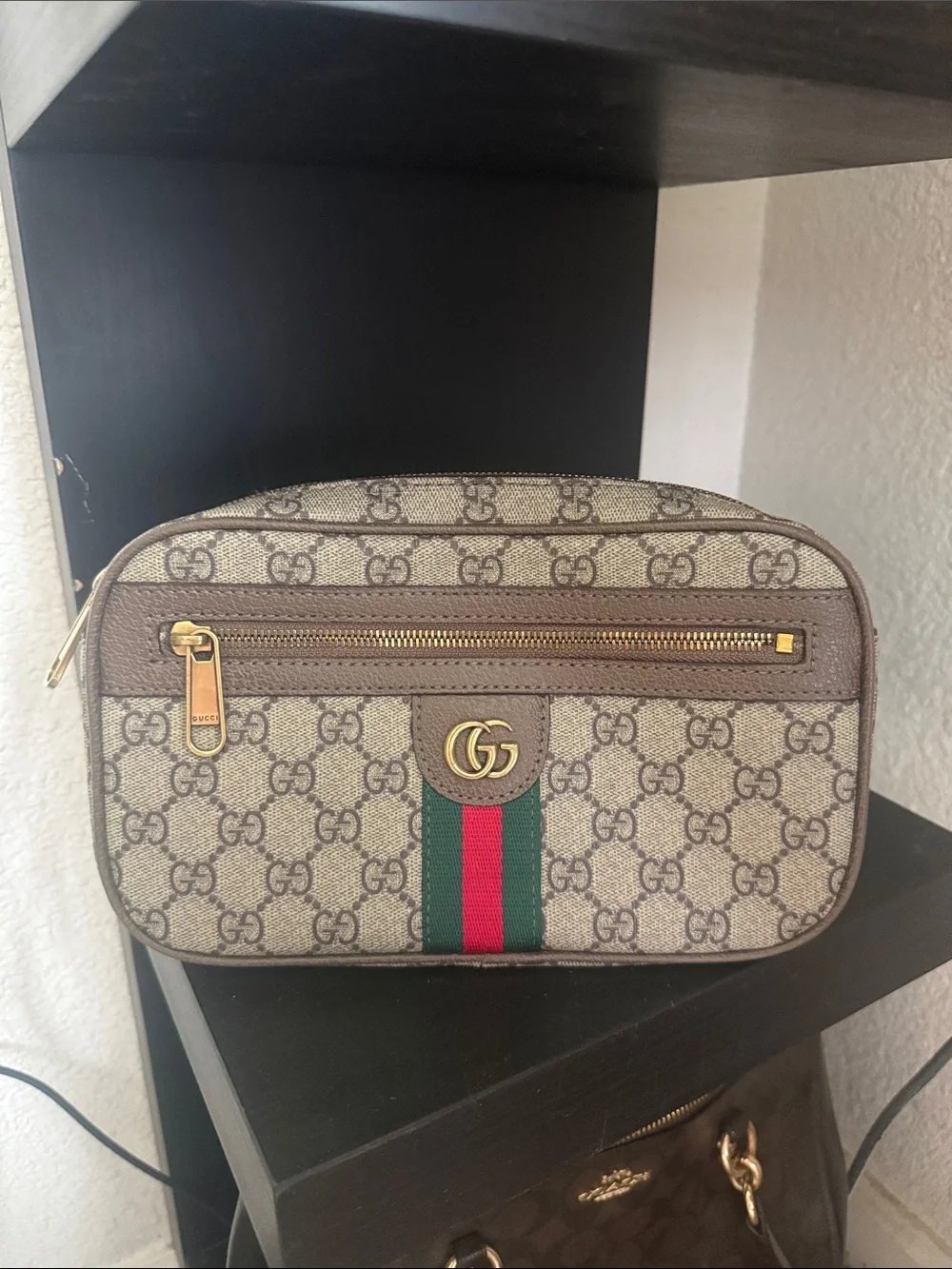 Gucci Beige GG Supreme Canvas Toiletry Bag with Green-Red Web - Picture 1 of 1